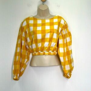 Sugar + Lips - Yellow And White Plaid Long Sleeve Cute Crop Blouse Size XS
